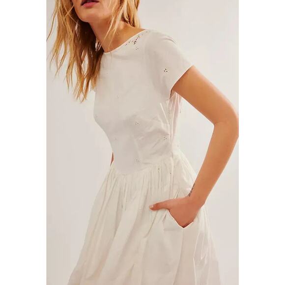 New FREE PEOPLE Laine Eyelet Midi Dress $298 X-LARGE Ivory Floral Lace Trim - Picture 2 of 7